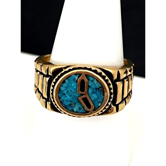 Vintage Ring Size 8 Castings On Parade Gold Plate Turquoise Chips 14W - Picture 4 of 6